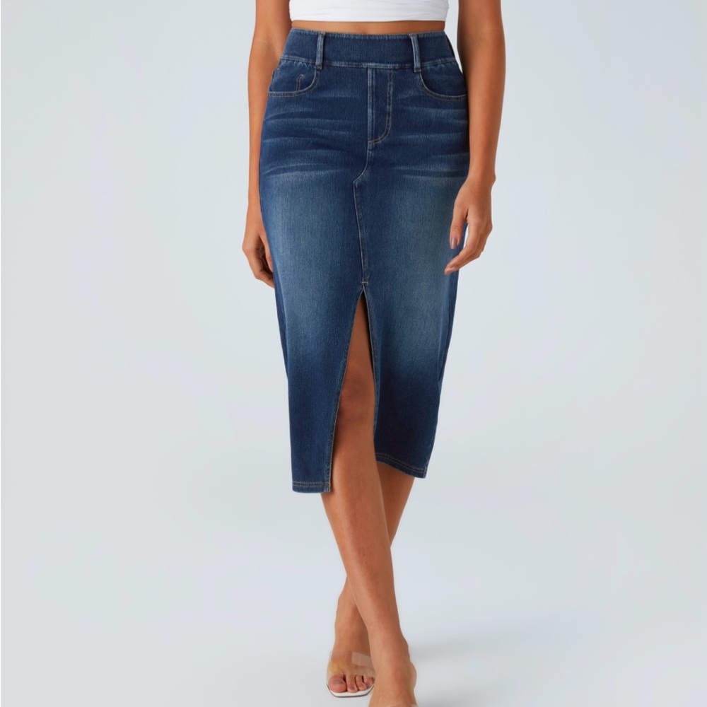 Halara Flex High waisted multiple pockets split washed stretchy denim midi skirt